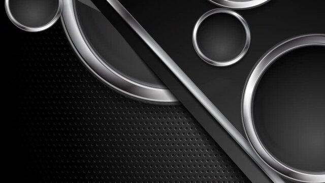 Silver metal stripes and circles on dark perforated background concept motion design