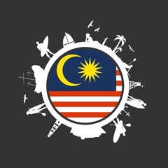 Circle with tropical recreation relative silhouettes. Objects located around the circle. Human posing with surfboard, cruise ship, palm and lifeguard tower. Malaysia flag in the center.