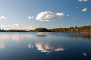 summer landscape with a large white cloud reflected in a forest lake