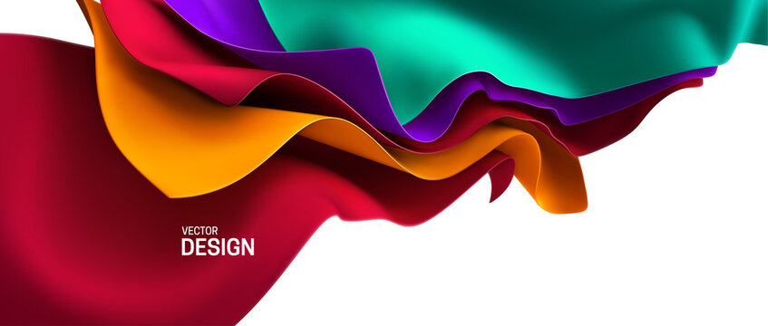 Multicolored streaming fabric. Abstract background. Vector 3d illustration. Wavy layered textile. Flowing silky cloth. Opening ceremony or anniversary decoration element.