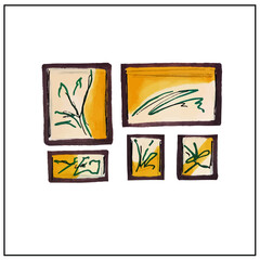 Furniture. Interior. Household items. Isolated vector objects from the set about the house, apartment, interior design, comfort. Chest of drawers, armchair, potted flowers, rack, paintings. 