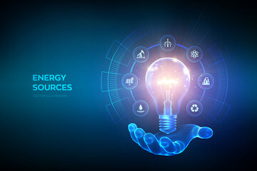 Glowing light bulb with energy resources icons in hand. Electricity and energy saving concept. Energy sources. Campaigning for ecological friendly and sustainable environment. Vector illustration.