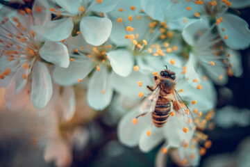 The bee collects pollen from white plum flowers. Spring blossoming scene