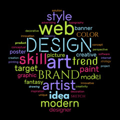 Design word cloud. Creative concept. Collage made of words. Vector colorful illustration. Isolated on black background.