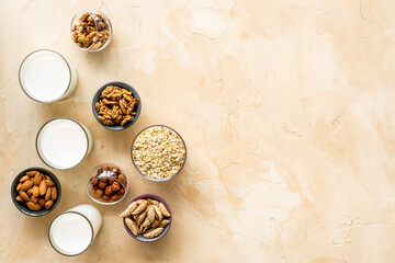 Set of non-dairy milk - almond hazelnut walnut oat. Top view, copy space