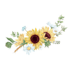 Bouquet of sunflowers and wildflowers in digital watercolor style