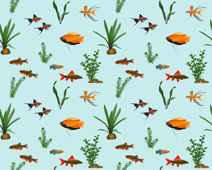 Seamless pattern with freshwater fishes and water plants in colour image. Species of fish: gourami, swordtail, danio, rainbowfish, rainbow shark labeo, nothobranchius