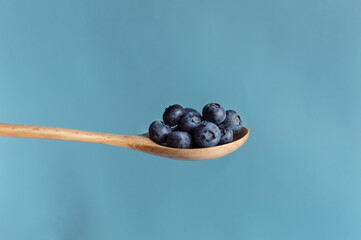 blueberry in wooden spoon. Blue background