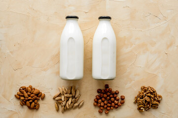 Almond, hazelnut, walnut milk in bottles - top view