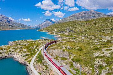 Switzerland, Bernina Pass, aerial view of the train and the Bianco lake