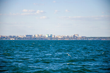 Beautiful horizon on the sea. Waves. Sunny day at sea.