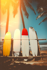 Surfboard and palm tree on beach background.