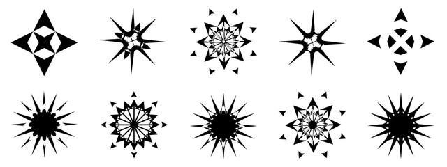Collection vector of black starburst, stars, sunlight, snowflakes, burst icon shape, abstract background texture pattern seamless wallpaper illustration design 