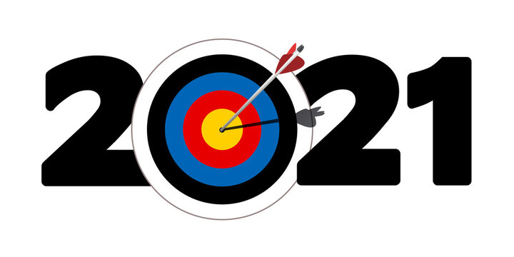 Concept de présentation de l’objectif d’une entreprise avec une flèche qui transperse la cible qui forme le zéro de l’année 2021.
