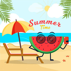 Summer time . CharacterSummer time . Character watermelon in sunglasses on the beach. Vector. in sunglasses on the beach. Vector.