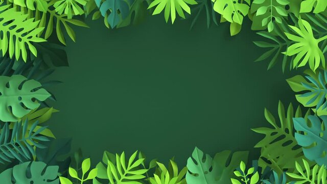 3d render, abstract paper tropical palm leaves appearing over green background, botanical wallpaper animation, jungle live image, waving foliage motion design, frame with copy space