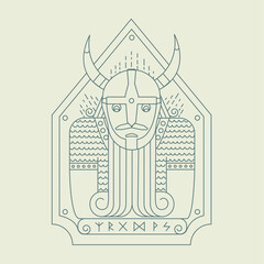 Viking in a helmet with horns in vector style . The fighter in the armor in flat style. Line art with viking.
