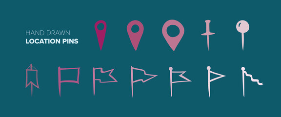 A Variety of Isolated Hand-Drawn Location Pins
