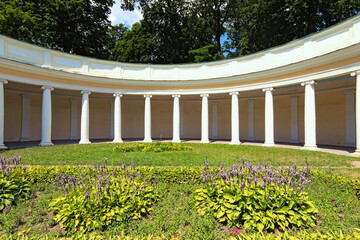 Wide-angle landscape view of decorative architectural building called Echo colonnade on a sunny...
