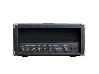 Isolated black modern distortion electric guitar US style amplifier with a black knob on white background with clipping path. Popular amp in rock music. front view photo.