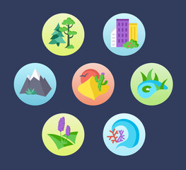 Landscape nature icons set. Scenery pictogram collection: ocean, grassland, forest, dessert, wetland, mountain, urban, meadow, lakeside.  Flat illustration
