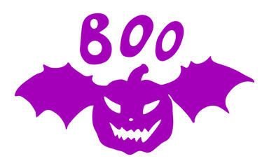 Vector illustration for card design and fall decoration. Halloween card with pumpkin silhouette and purple bat wings isolated on white background.