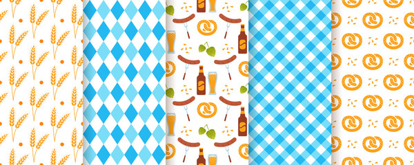 Oktoberfest background. Octoberfest seamless pattern. Vector. Prints with rhombus, beer, pretzel, spike and plaid. Set of Bavarian diamond texture. Germany traditional wallpaper. Color illustration.