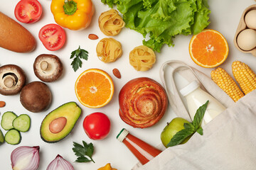 Different food on white background, top view