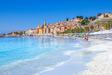 Colorful buildings in the mediaeval town of Menton, French Riviera city in the Mediterranean, France.