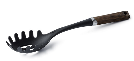 Black plastic spoon for draining on white background