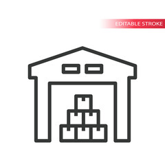 Warehouse with stacked boxes line vector icon. Storage space simple symbol, outline, editable stroke.