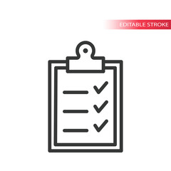 Office clipboard with checklist line vector icon. Tick mark, checklist on a clipboard simple outline symbol, editable stroke.