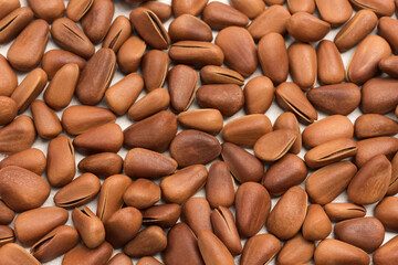 Natural background from pine nuts in brown shell