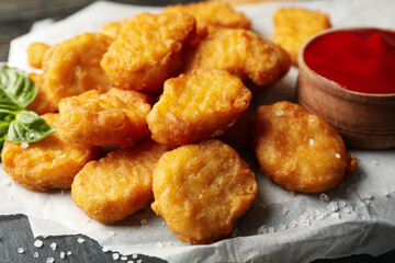 Composition with chicken nuggets and ketchup, close up