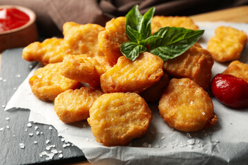 Composition with chicken nuggets and ketchup, close up