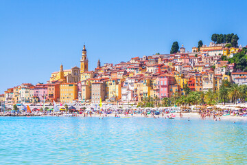 Colorful buildings in the mediaeval town of Menton, French Riviera city in the Mediterranean,...