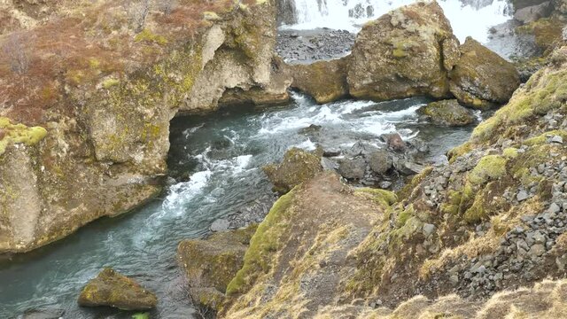 Pan Shot Of The Skoga Glacier River Water That Feeds Into the Skogafoss