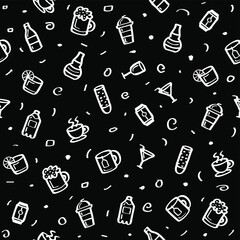 Abstract Doodle Seamless Pattern Hand Drawn Drink Beverages Elements Cocktails Alcohol Sketch Vector Design Style Background Illustration For Restaurant Cafe