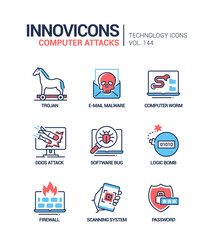 Computer attacks - colorful line design style icons