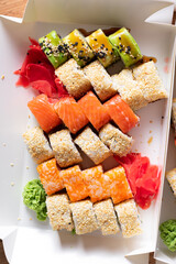 Sushi set in carton box. Japanese sushi food