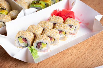 Sushi set in carton box. Japanese sushi food