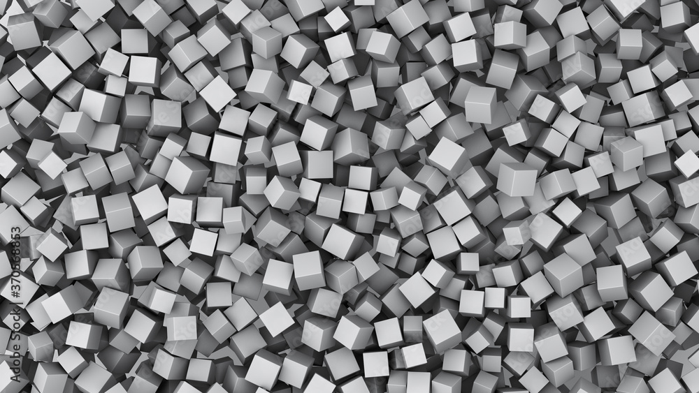 Poster 3d rendering, realistic pile of small white cubes on the floor, square geometric shape mock up abstr