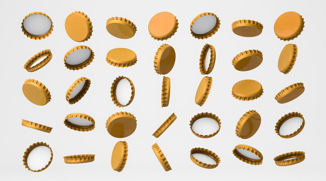 3d rendering, Realistic set of gold beverage bottle caps mock up with all side view, product and objects design concept, isolated white gray color background.