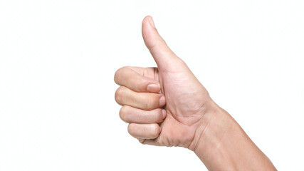 Close up male thumb up, Excellent or like sign and symbol concept, isolated on white background.