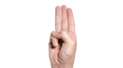Close up male showing three fingers, symbolic of counting three number and politics protestation, isolated on white background.