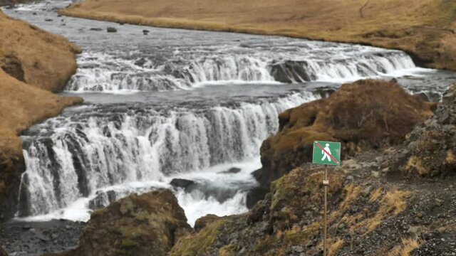 No Hiking Allowed Sign Post Near Skogafoss Waterfall, Iceland