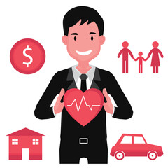 Broker insurance feature a man holding heart icon surrounded by money sign, house car and family
