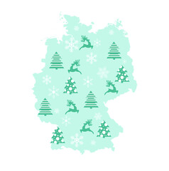 Vector isolated illustration for New Year and Christmas holiday. Simplified Germany map.  pattern decorated white   snowflakes and reindeers. Brochure or calendar cover design template
