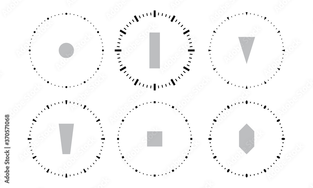 Poster set of clock faces. blank hour dial. dots, triangles and squares mark minutes and hours. simple flat