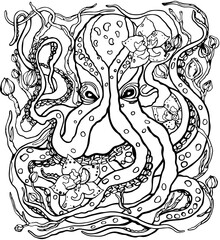 Vector illustration of an octopus with long tentacles in orchid flowers. Unique hand drawing. Black and white illustration for feeding and coloring.